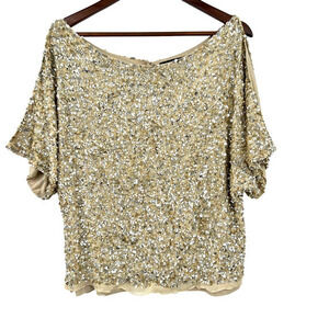 Aidan Mattox gold sequins short sleeve scoop neck 100% cold shoulder top size XL